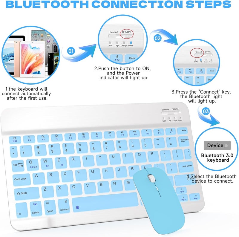 GOGARA Bluetooth Keyboard and Mouse Combo, Qwert Layout Universal Ultra-Slim Wireless Keyboard Mouse Set for Android Windows iPad iPhone Samsung Tablet Portable Compact Keyboard Set, Light Blue - Image 4
